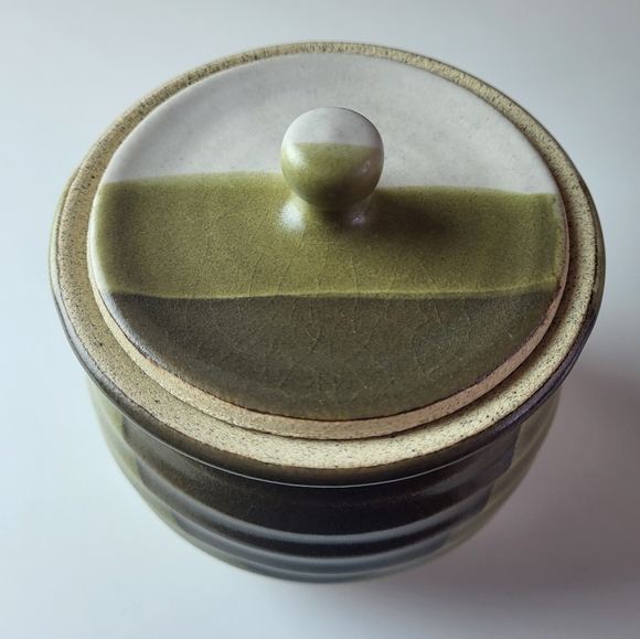 4.5 Inch Pottery Lidded Jar, Green and White, Sugar Container - Picture 2 of 7